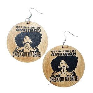 Womens Definition of Ambition African American Wood Round Retro Hook Earrings